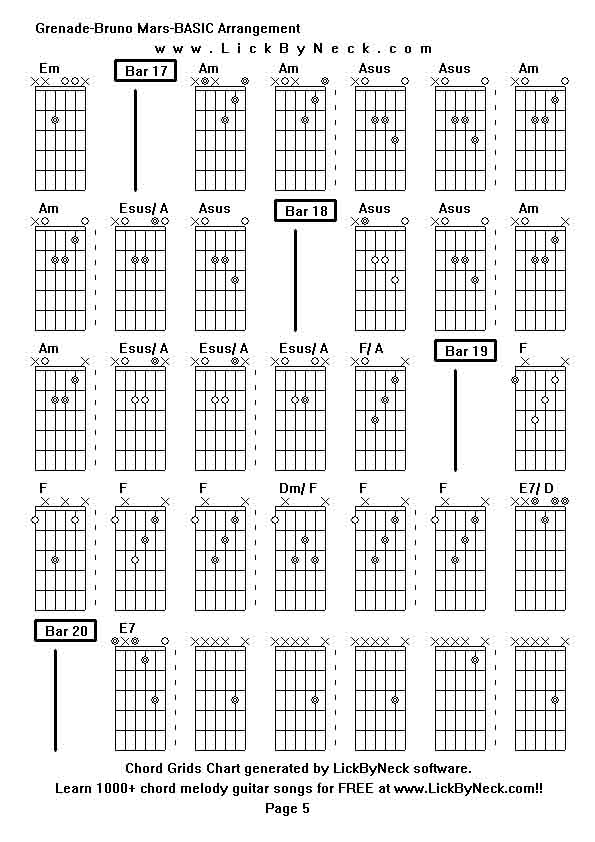 Chord Grids Chart of chord melody fingerstyle guitar song-Grenade-Bruno Mars-BASIC Arrangement,generated by LickByNeck software.